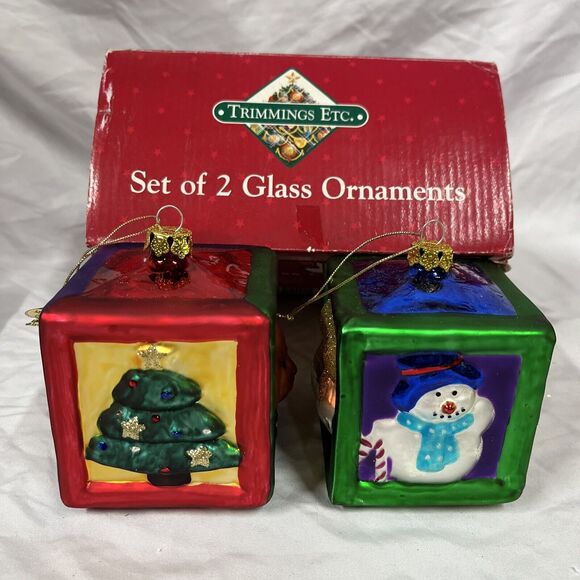 VTG Rare Trimmings ETC. Set Of 2 Glass Ornaments 3” Cubic‎ Shape -D10 - Picture 1 of 9